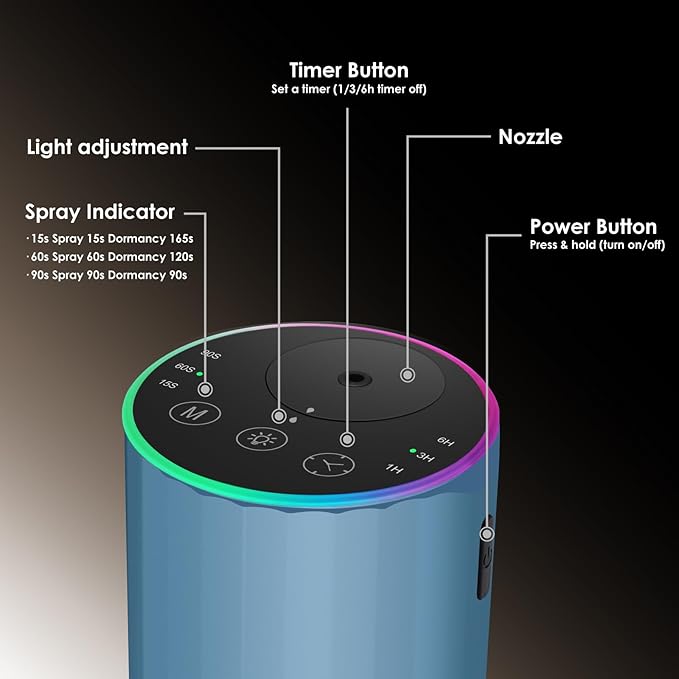 Waterless Essential Oil Diffuser, 7 Colors LED Light, Battery Powered Mini Scent Air Machine, Aromatherapy Mist Diffuser for Home Room Car Office，Black Aluminum Alloy (Black) (Blue)
