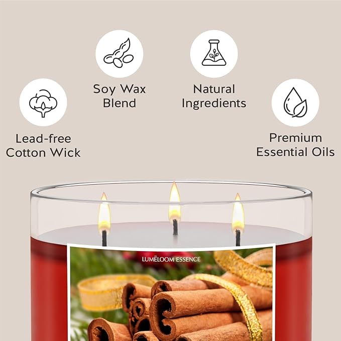 LUMELOOM Cinnamon Candles, 14.5oz, Large 3-Wick Soy Wax Candles for Home Scented, Sweet Cinnamon, Apple, Clove Scent, Mothers Day, Holiday Gifts for Women, Men, Friend, Teacher, Long Burning Time