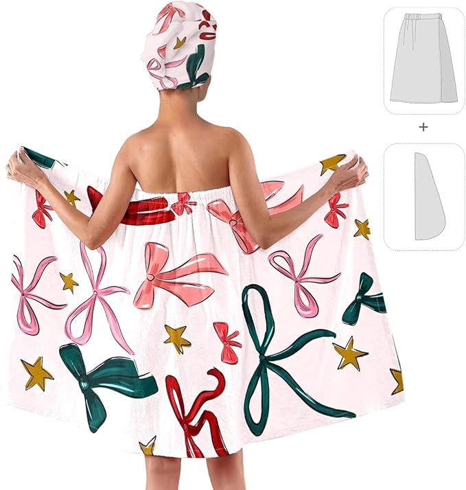 Gift Bow Bath Wrap with Hair Drying Cap – Microfiber Quick Dry Shower Towel Skirt and Turban Set for Women, Festive Ribbon Star Spa Gift (Bow 4)