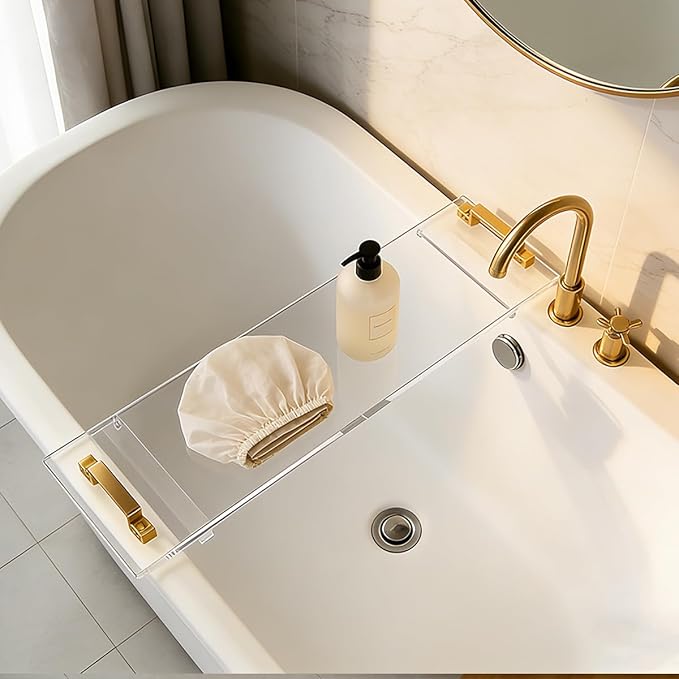 1CM Thick Clear Acrylic Bathtub Caddy with Metal Handles, Multifunctional Bath Tray for Wine Glass, Phone, Book & Bathroom Essentials, Fits Most Tubs, Spa Gift for Men & Women (42in)