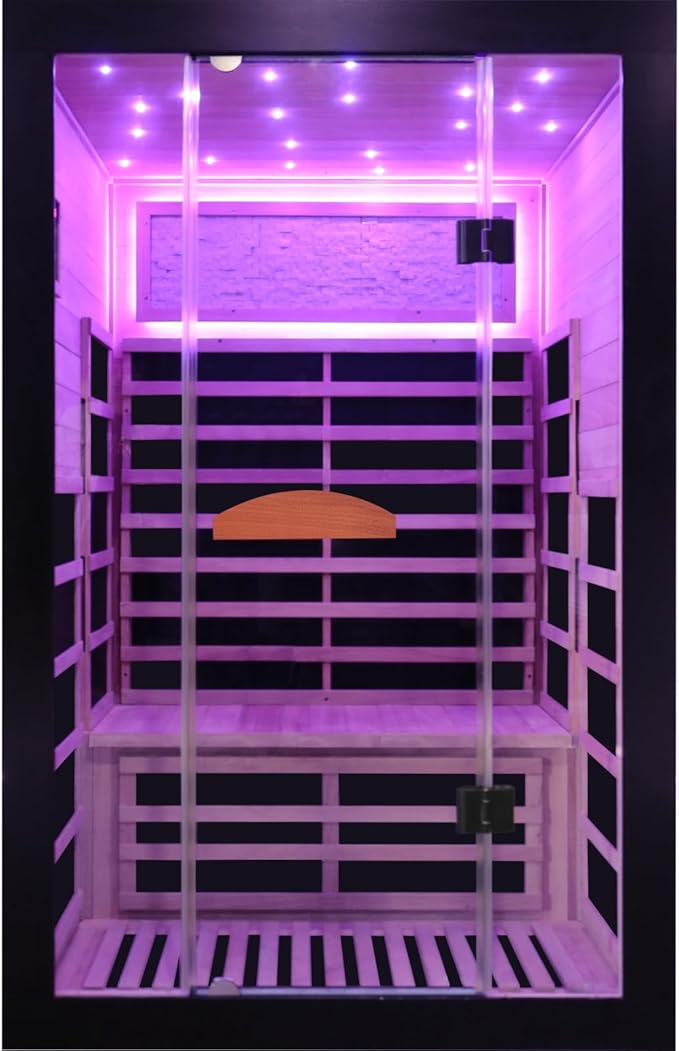 OUTEXER Infrared Sauna 2000W Wooden Saunas Home Spa Room Wood Low-EMF Indoor Saunas with with 7 Color Starry Sky Ceiling Light for Two Person 74.8 * 47.2 * 41.3Inch