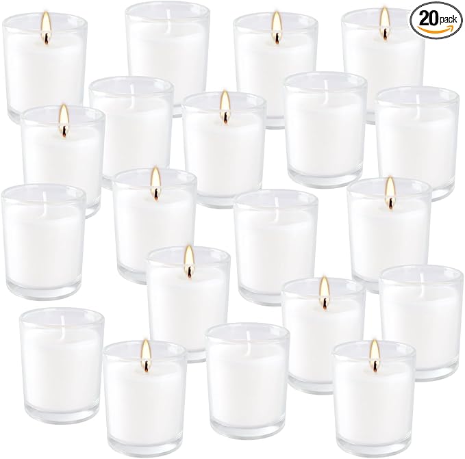 20 Pack Unscented White Clear Glass Filled Votive Candles | Soy Wax, Smokeless, Hand Poured Wax Candles Ideal for Aromatherapy, Spa, Weddings, Birthdays, Holidays & Party Decor
