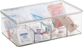 mDesign Plastic First Aid Kit Storage Box with Clear Top Lid for Bathroom, Kitchen, Cabinet, Closet, Drawer - Organizes Medicine, Ointments, Adhesive Bandages, Dental, 8 Divided Sections - Clear