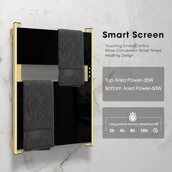 Heated Towel Rack for Bathroom, Towel Warmer with Timer Wall Mounted, Electric Towel Warmers, Bath Towel Heater with Black Tempered Safty Glass, Graphene, Towel Drying Rack- 26.8 x18 inch