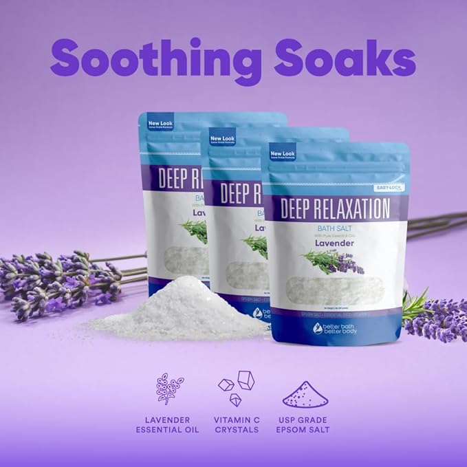 Deep Relaxation Bath Salt (3 Pack Plus Scoop) Relaxing Bath Soak with Pure Lavender Essential Oil in BPA Free Pouch with Press Lock Seal Made in USA 3 Pack of 2 Lbs 6 Lbs Total