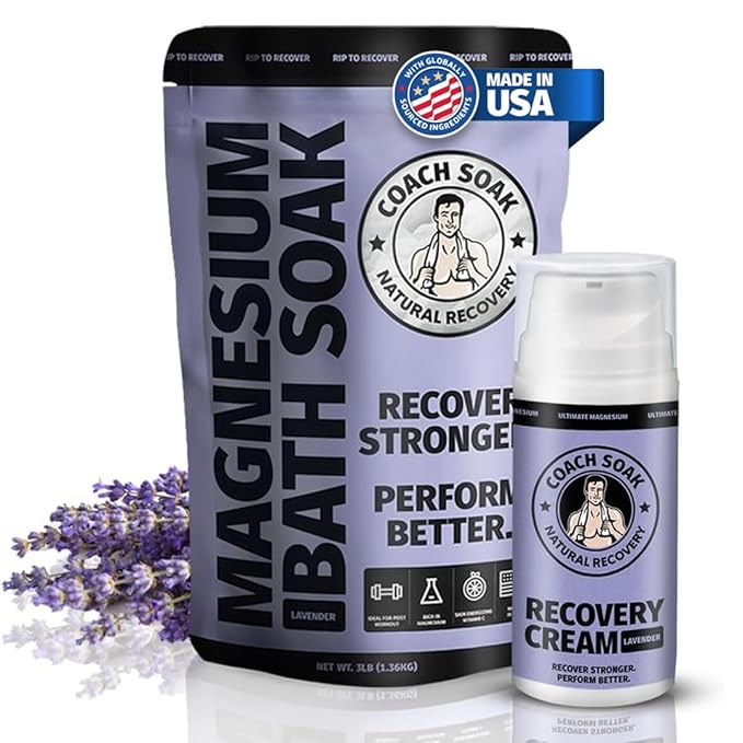 Coach Soak Recovery Bath Soak & Magnesium Cream - Bath Salt (3 lb) & Magnesium Lotion (3.4 oz) - Natural Recovery Cream & Fast-Absorbing Pure Flakes for Relaxing Muscle Support, Calming Lavender
