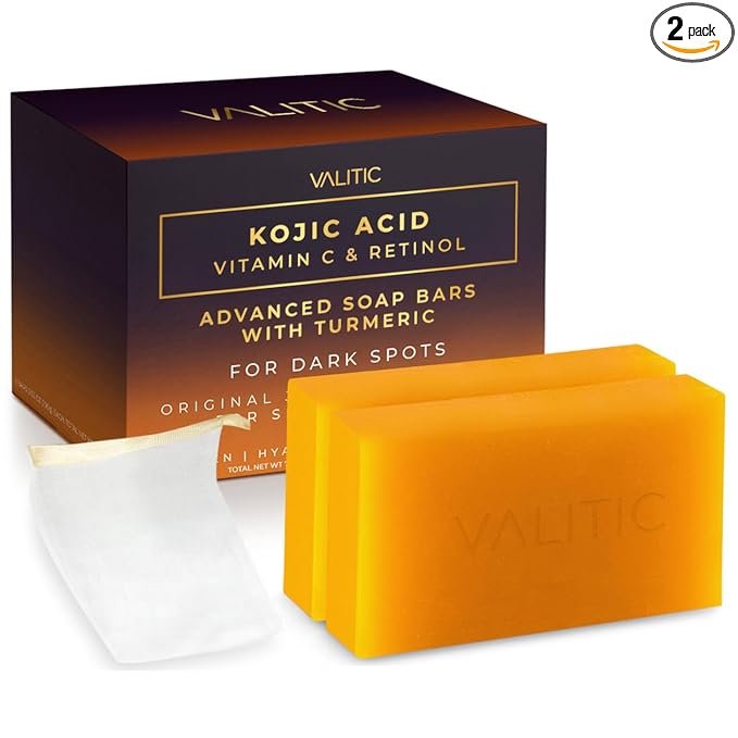VALITIC Kojic Acid Vitamin C and Retinol Soap Bars with Turmeric for Dark Spot - Original Japanese Complex Infused with Collagen, Hyaluronic Acid, Vitamin E (2 Pack) - With Scrub Bag