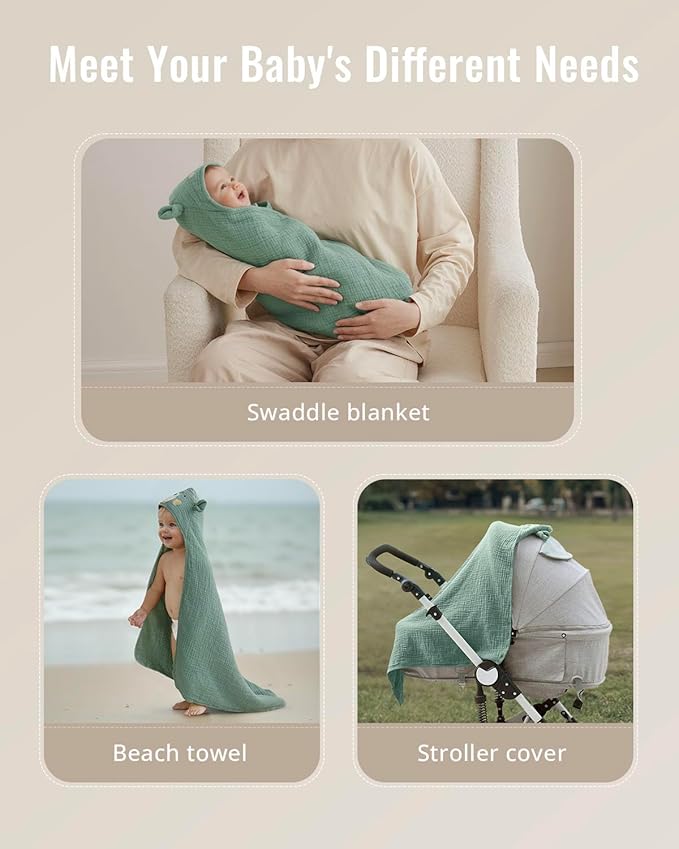 Blissful Diary Muslin Baby Hooded Towel 2 Pack, Soft & Absorbent Bath Towel for Infant, Toddler, Unisex, Baby Gift, Newborn Essentials, Bear & Duck