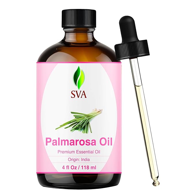 SVA Palmarosa Essential Oil – 4 Fl Oz – 100% Natural Palmarosa Oil - for Diffuser, Hair Care, Face, Skin Care, Aromatherapy, Scalp and Body Massage, Soap and Candle Making – with Dropper