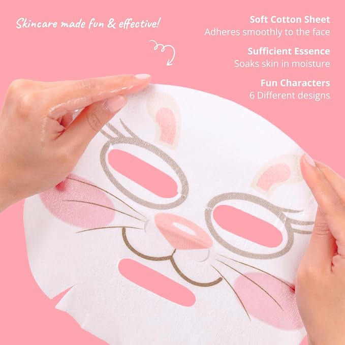 Epielle Character Face Mask Fuzzy Friends 6 Pack, Fun & Effective Korean Skin Care, Spa Party Favors, Mothers Day Gifts, Birthday Gifts for Women, Self Care Gifts
