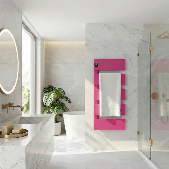 Electric Towel Warmer, Heated Towel Rack with Thermo Control and Timer, Fast Heating Towel Rail for Bathroom with Memroy Function, Work with Smart Plug, Left-Wiring, 5 Panel, Pink