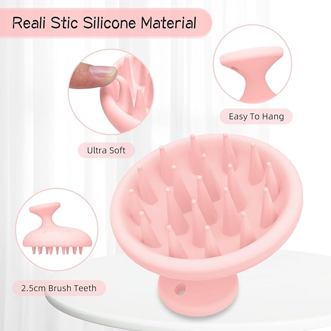 SHINLEA Silicone Scalp Massager Shampoo Brush, Head Scrubber with Soft Bristles for Hair Growth, Scalp Exfoliator for Dandruff Removal, Wet Dry Hair Brush for Scalp Care, Pink