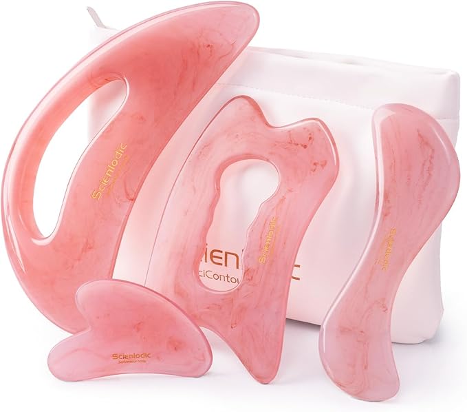Scienlodic 4 Pcs Gua Sha Massage Tools for Face & Body (Pink, Resin) - Guasha Scraping Tool for Jawline Contouring, Puffiness Reduction, Neck, Back, Legs & Muscle Relaxation