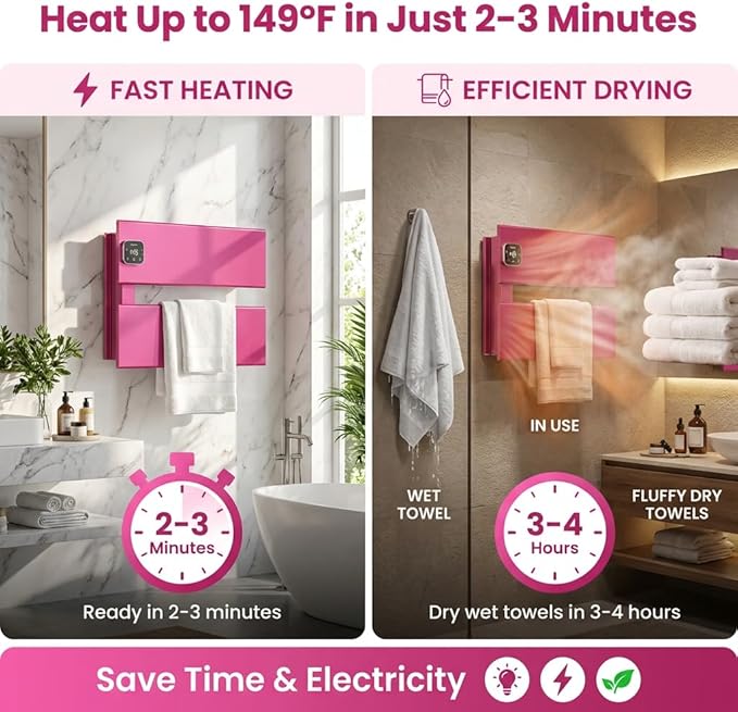 Electric Towel Warmer, Heated Towel Rack with Thermo Control and Timer, Fast Heating Towel Rail for Bathroom with Memroy Function, Work with Smart Plug, Left-Wiring, 2 Panel, Pink