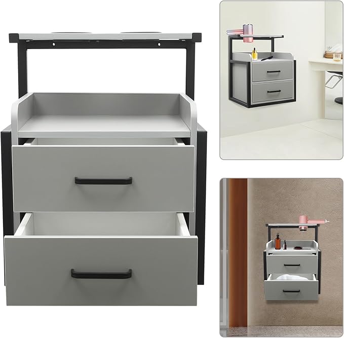Salon Cabinet, Salon Storage Organizer with 2 Drawers, 110.23Lbs Load Capacity Salon Wall Cabinet, Hanging Styling Station Equipment for Spa, Barber Store, Locker Room, Bathroom (Black＋Grey)