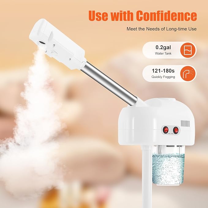 Professional Facial Steamer, Hot Ozone Face Steamer on Wheels for Facial, Adjustable Height, 360° Rotatable Nozzle, Vaporizador Facial Steamer for Esthetician, Height Adjustable, SPA at Home (White)