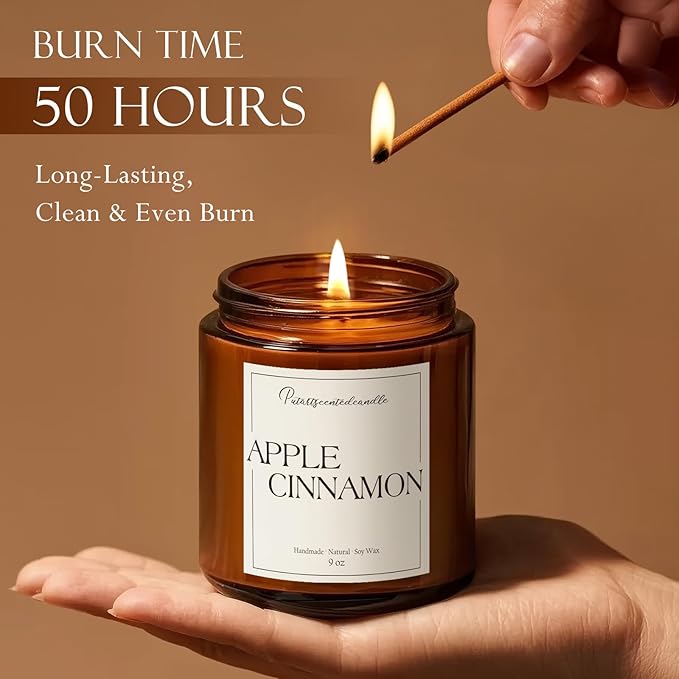 Cinnamon Apple Scented Candles for Home, Natural Soy Wax Aromatherapy Candle Gifts for Men & Women, Highly Scented & Long Lasting Non Toxic Jar Candle for Stress Relief (9oz)