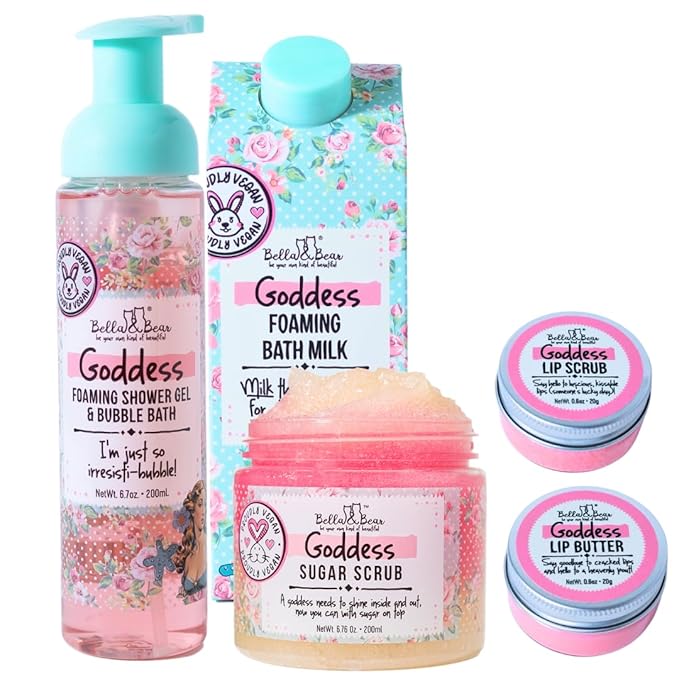 Bella & Bear Goddess Mega Bath & Body Gift Set with Foaming Shower Gel & Bubble Bath, Bath Milk, Body Scrub & Lip Scrub and Lip Butter - Gift for Women