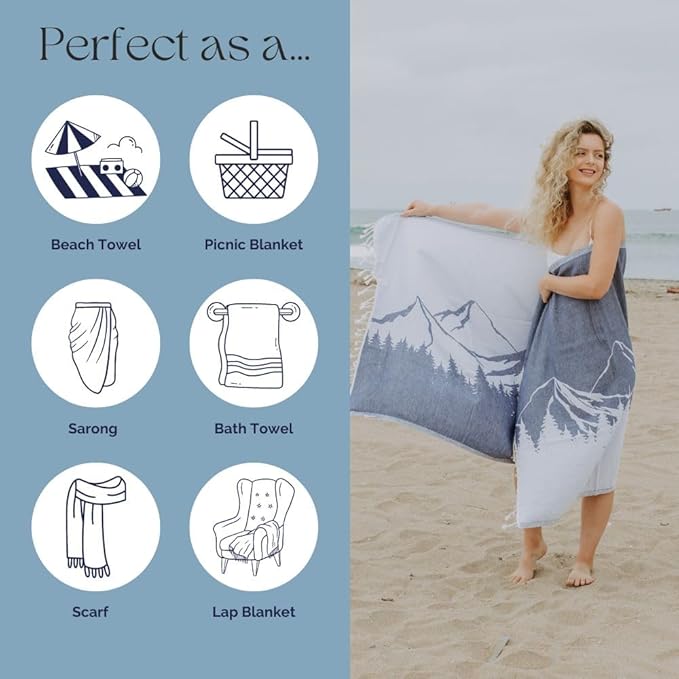 InfuseZen Turkish Towel with Mountain Landscape – 100% Organic Turkish Cotton - Sand Free Quick Dry Beach Peshtemal – Thin Reversible Absorbent Pool Hammam – Plus Size Gym, Travel Fouta (Navy)