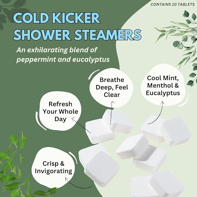 Cold Kicker Shower Steamers Aromatherapy for Relief - USA Made - Peppermint & Eucalyptus Shower Bomb Tablets - Mothers Day Gift for Mom - Soothing Natural Essential Oils (10 Pack)
