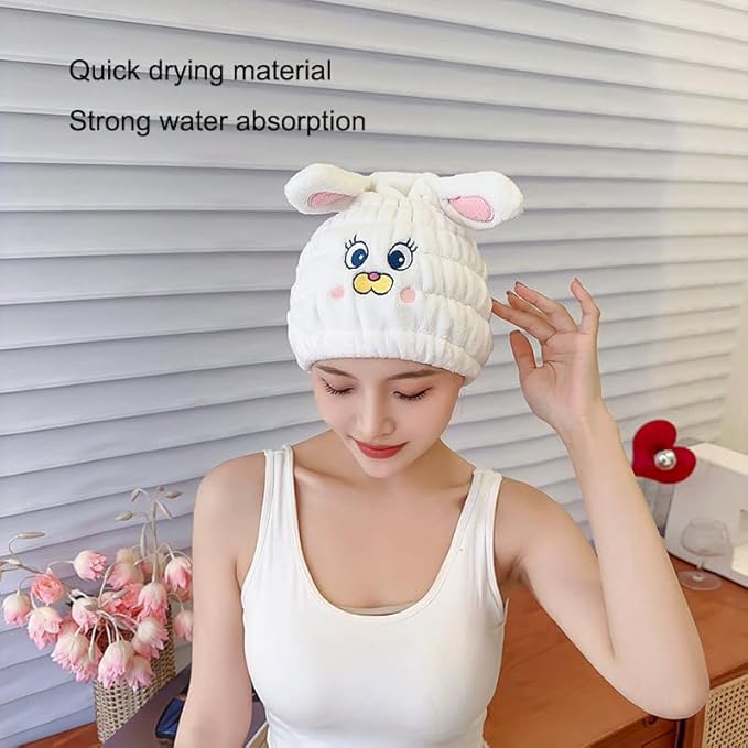 Animal Hair Drying Towel Caps, 2Pcs White Rabbit Girls Hair Dry Wrap Women Absorbent Turban Towel, Cute Children Hair Drying Wrap as Gift