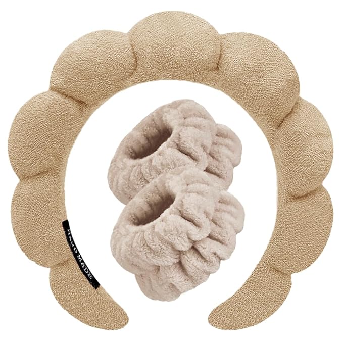 Spa Headbands for Washing Face Wristband Set Sponge Makeup Skincare Headband Wrist Towels Bubble Soft Terry Towel Cloth Hairband for Women Puffy Headwear Non Slip Thick Thin Hair Headwear (Coffee)