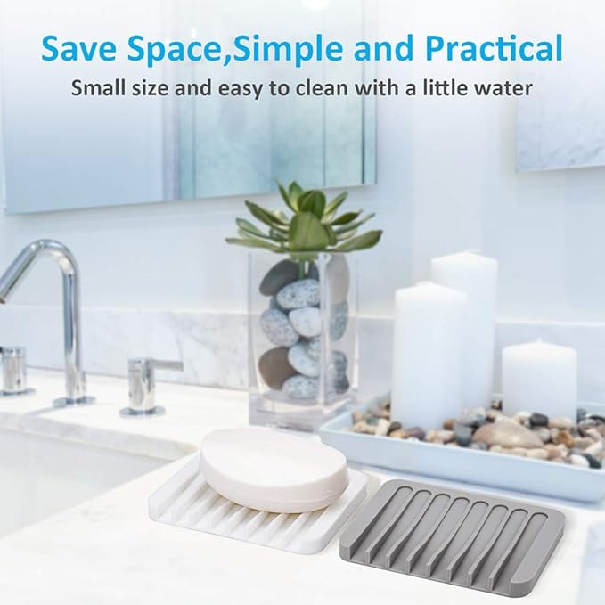 4PCS Silicone Soap Dishes for Shower, Upgrade Self-Draining Bar Soap Holder, Premium Sponge Holder for Sink, Kitchen, Bathroom, or Counter, Easy Clean, Can Extend Soap Life (White & Gray)