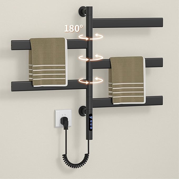 Smart Rotating Heated Towel Rack for Bathroom Black, VOKIM 5-Bar Wall-Mounted Electric Towel Warmer with Swivel Bars, Stainless Steel, IPX4