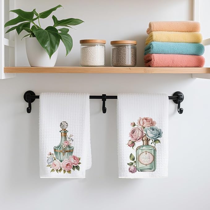 2pcs Vintage Rose and Perfume Bottle Floral Kitchen Towels, Multifunctional Absorbent Lightweight Microfiber Towel, Perfume Lover Gift, Suitable for Home Kitchen Dinner Wedding Gift, Home Decor