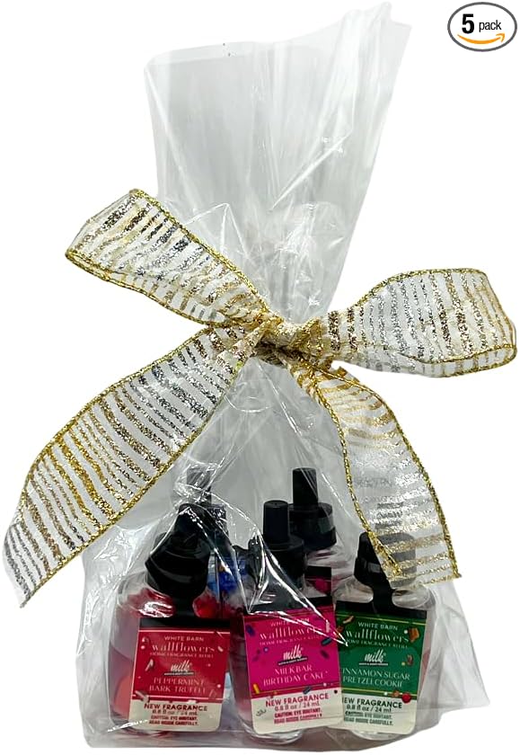 Bath & Body Works Wallflowers Refills MILK BAR Collection 2025 5pc Gift Set w/ 30-Inch Metallic Gold & Silver Striped Bow – Birthday Cake, Cereal Milk, Raspberry Pie, Peppermint Bark & Cinnamon Sugar