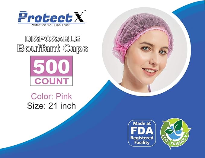 ProtectX 500-Pack Pink Disposable Hair Nets, Elastic Head Cover, Bouffant Caps, Sanitation Head Cover for Food Service, Spa Men & Women - 21 inch