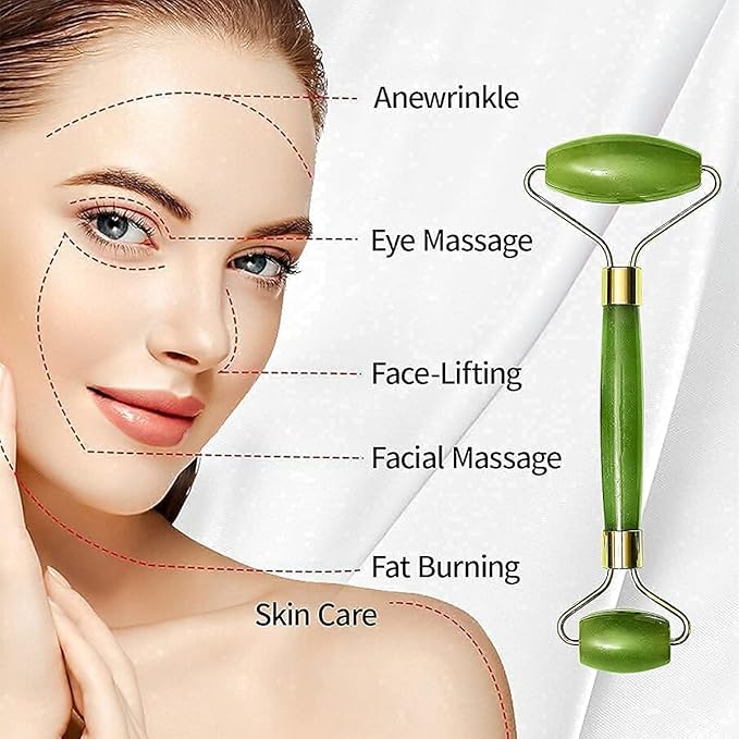 Jade Roller & Gua Sha Set – 100% Natural Jade Stone Face Massager | Cooling Facial Tool for Skin Tightening, Anti-Aging, Puffiness & Lymphatic Drainage | Skincare Gift for Women