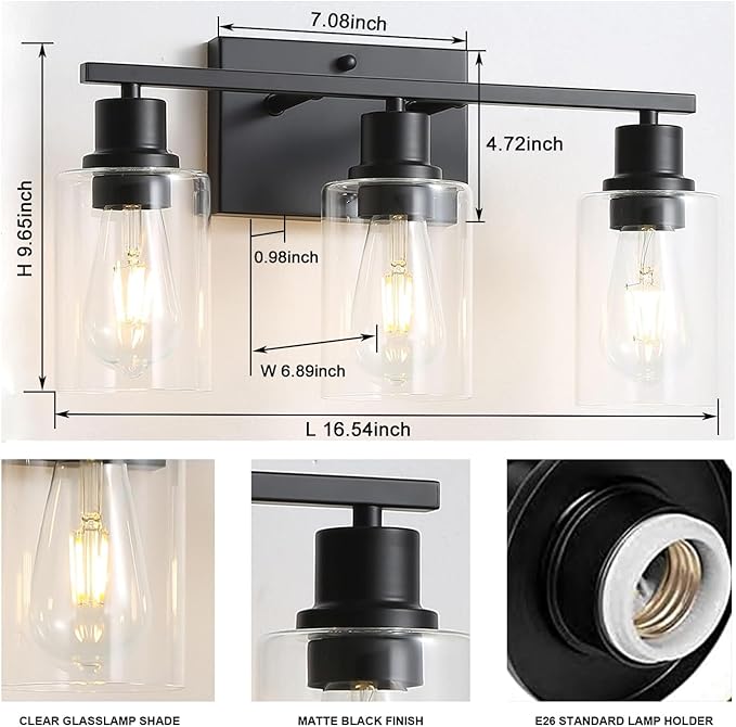 Bathroom Vanity Light Fixtures, 3-Light Matte Black Bathroom Lights, Wall Sconces with Clear Glass Shade for Hallway Farmhouse Bedroom Living Room
