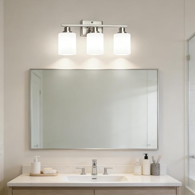 Unicozin 3-Light Bathroom Light Fixtures, Modern Brushed Nickel Vanity Light Over Mirror, Wall Sconces with Milky White Glass Shades for Living Room Bedroom Hallway E26 Base