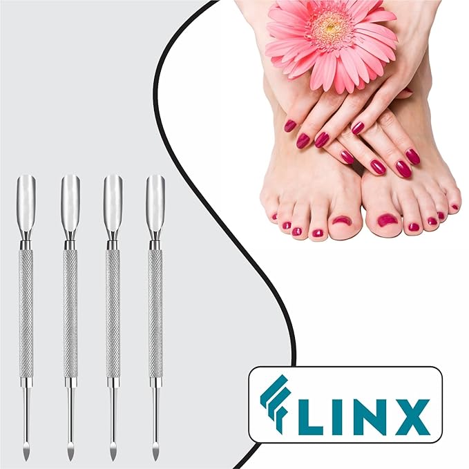 FLINX Metal Cuticle Pusher Tool 4 Pc Nail Manicure Tools Nail tools for Manicure & Pedicure, Metal Cuticle Pushers and Scraper, Nails Cuticles Pusher Cuticle Tools for Nails