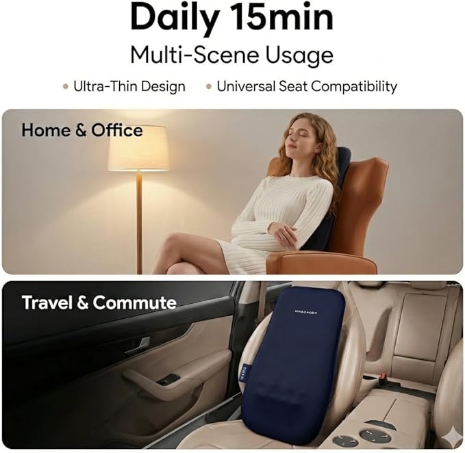 Back & Neck Massager with Heat for Pain Relief, FSA Full-Length Rolling Massage Cushion for Upper & Lower Back, 3 Modes, 2 Heat Levels, 15-Min Auto-Off, Slim Lumbar Support, HSA Eligible