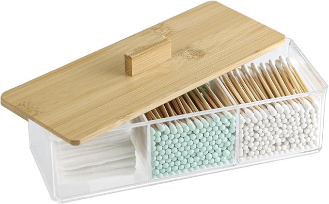 ZEXALOR Clear Bathroom Dresser Organizer - Cotton Ball Swab Holder with 3 Divided Compartments&Lid, Waterproof Transparent Small Plastic Storage Containers, Vanity Makeup Organization