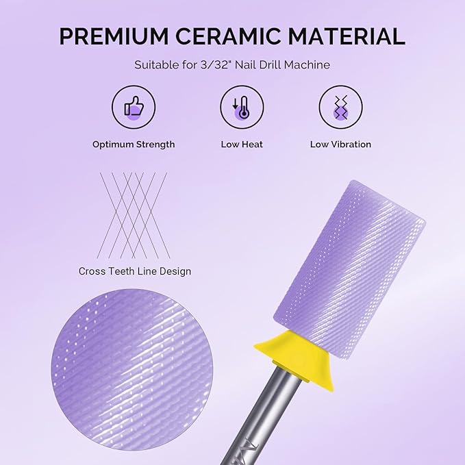 MelodySusie Ceramic Nail Drill Bits, 3/32'' Chamfer Flat Top Large Barrel Bits, Fast Remove Acrylic or Hard Gel, Nail Tool for Manicure Pedicure, Salon Home, Professional or Beginner, Purple, XF