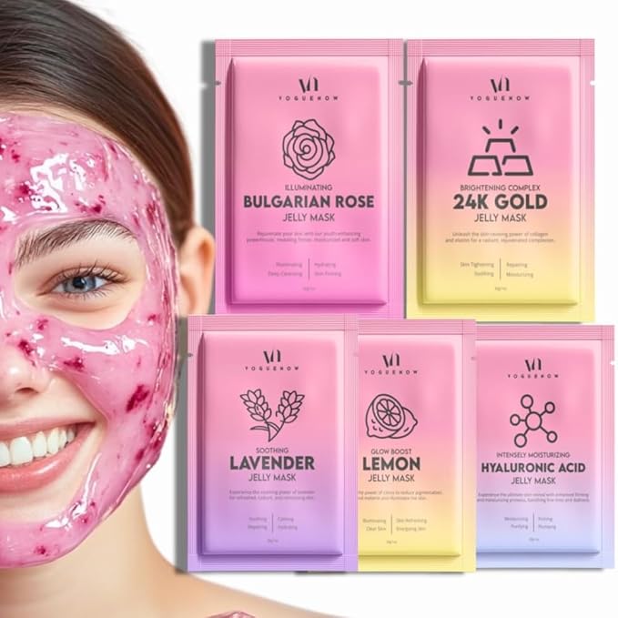 Jelly Mask for Facials - 5 Flavors Hydrating & Brightening Jelly Face Masks | Bulgarian Rose, Lavender, Hyaluronic Acid, 24K Gold face mask skin care |Vajacial Jelly Mask | Mothers Day Gifts for Mom