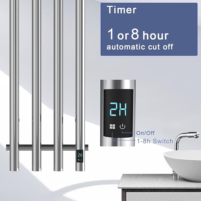 Electric Heated Towel Rack Warmer, Wall Mounted, Stainless Steel, 4 Bar Vertical Round Design, 5 Minute Rapid Heating, Timer Control, 10.1 x 37.4 Inches (Silver)
