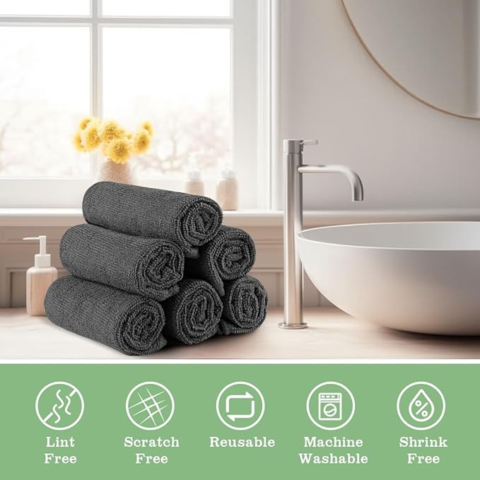 UNIMADE Washcloths Bulk - 10 Pack - Face Towels (12" x 12"), Highly Soft Wash Cloths and Hand Towels, Fast Drying Multi-Purpose Microfiber Cleansing Cloths for Bathroom, Hotel, Spa, and Salon - Grey
