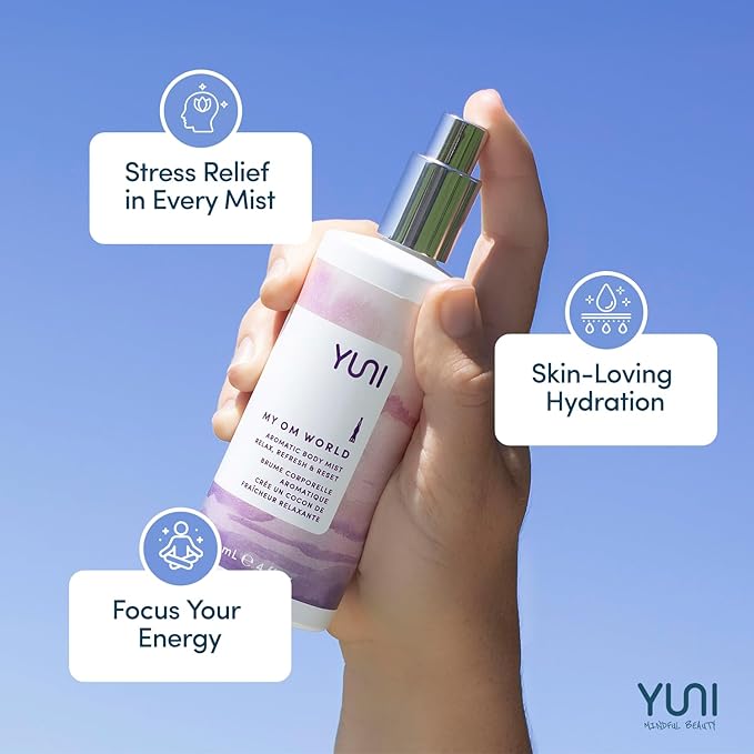 YUNI Beauty Calming Body Mist (4oz) My OM World - Natural Aromatic Oils - Relaxing Stress Relief - Promotes Focus & Clarity - All Natural, Paraben-Free, Cruelty-Free