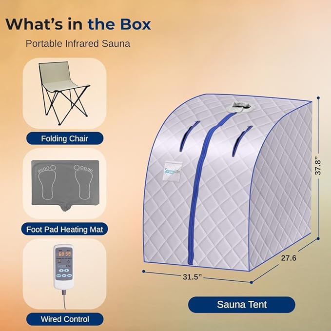 SereneLife Portable Sauna Box for Home, Infrared Sauna Tent with Heated Foot Pad and Folding Chair, Remote Control In-Home Spa, 38" x 32” - (Silver)