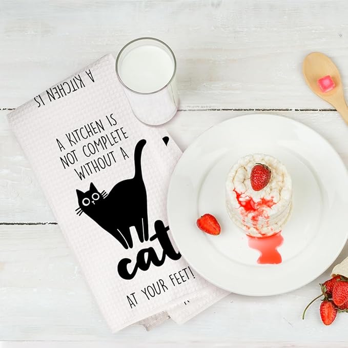 2Pcs Cat Kitchen Towels "The Secret Ingredient Is Cat Hair" Design Farmhouse Dishwashing Hand Tea Towel Kitchen Drying Dish Towel for Restaurant Table, Housewarming Gift