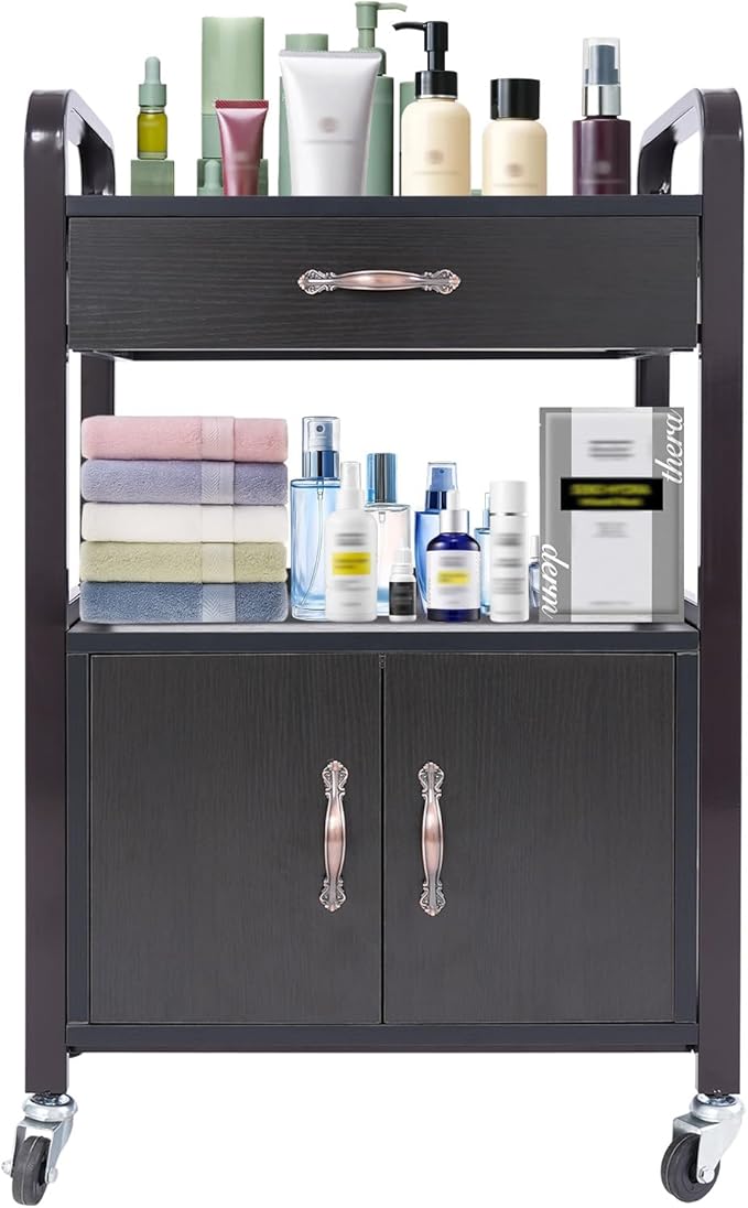 Salon Cart,Salon Storage Cart with Drawers, 4 Wheels and Handles, Movable Beauty Organizer, Salon Trolley for Beauty Salons, Barber Shops, Nail Salons, Spas (Brown)