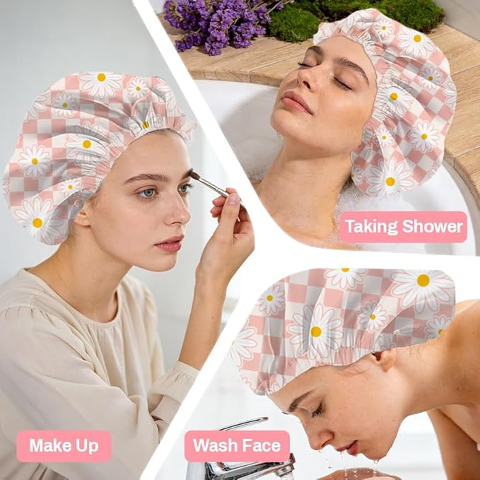 Pink Daisy Reusable Shower Cap Buffalo Check Double Layer Waterproof Shower Caps Large Elastic Hair Cover Adjustable Hair - Drying Caps for Woman Bath SPA Travel One Size Fits Most
