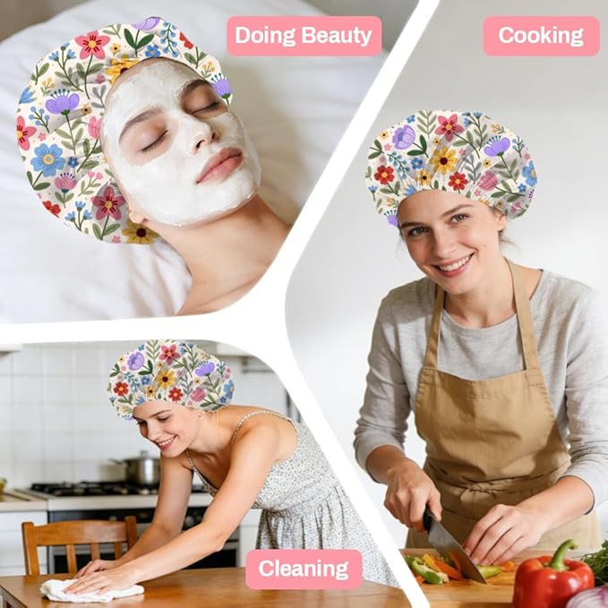 Bohemian Floral Patterns Reusable Shower Cap Cute Double Layer Waterproof Shower Caps Large Elastic Hair Cover Adjustable Hair - Drying Caps for Woman Bath SPA Travel One Size Fits Most