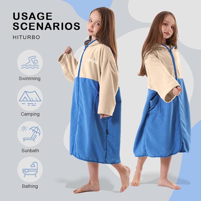 Hiturbo Kids Bath Towel Hoodie: Zipper Surf Poncho Long Sleeve Quick Dry - Absorbent Changing Towels Swimming Outerwear for Beach Pool - Beige/Blue
