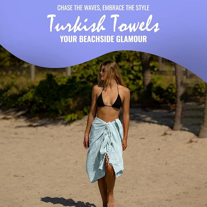 Beach Towel 100% Cotton Turkish Beach Towel Adult 38x70 Inch Pre-washed Absorbent Extra Large|Sand Free Quick Dry BathTowels|Lightweight Blanket|Travel Cruise Camping Spa Gym Sports Towel|Fair Aqua