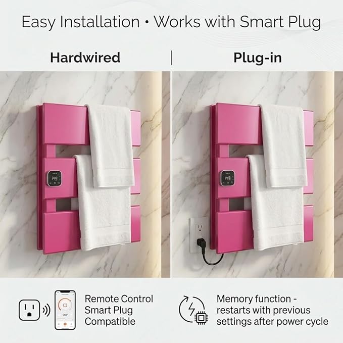 Electric Towel Warmer, Heated Towel Rack with Thermo Control and Timer, Fast Heating Towel Rail for Bathroom with Memroy Function, Work with Smart Plug, Left-Wiring, 3 Panel, Pink